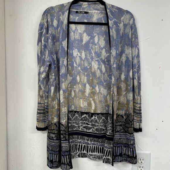 Nic & Zoe Blue & Gold Printed Open Front Lightweight Cardigan Sweater Womens S - Picture 1 of 8